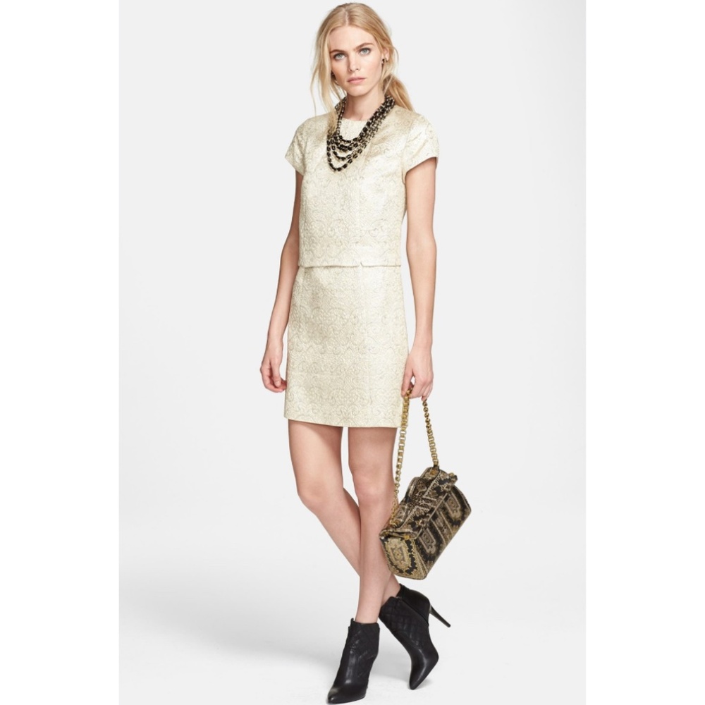 Tory Burch Brielle Metallic Brocade Mock Two Piece Dress in Sandshell - Picture 12 of 16